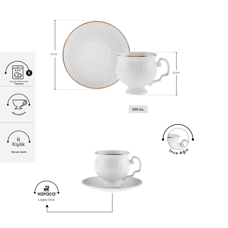 KARACA Malta 12-Piece Porcelain Espresso/Turkish Coffee Cup & Saucer Set 100 ml â€“ Elegant White & Gold Design - Image 2