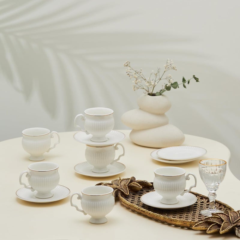 KARACA Malta 12-Piece Porcelain Espresso/Turkish Coffee Cup & Saucer Set 100 ml â€“ Elegant White & Gold Design - Image 3