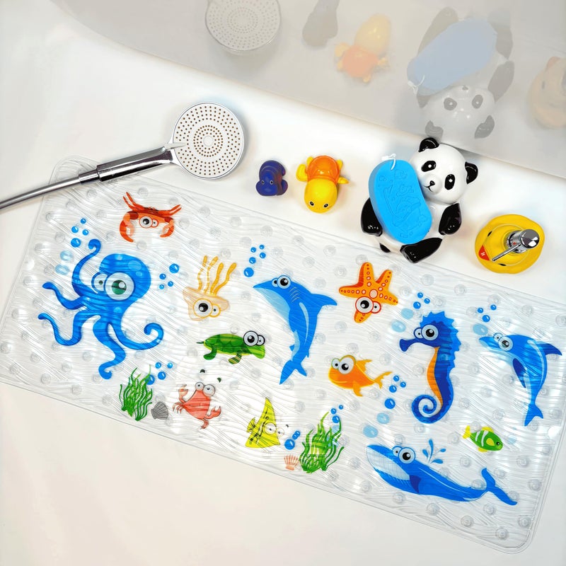 BEEHOMEE Bath Mats for Tub Kids,Baby Toddler - Large Cartoon Non-Slip Bathroom Bathtub Anti-Slip Shower Mats for Floor 35x15,Machine Washable XL Size Bathroom Mats (Blue-Octopus) - Image 2