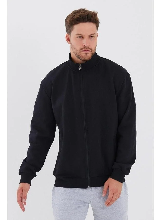Mmetalic  Men's Black Zippered Cardigan with Stand-up Collar, Side Pockets and Cotton Lining for Men | Best Price UAE