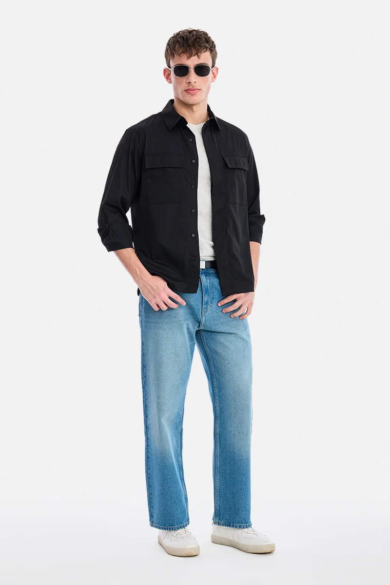 سنيتش Black Solid Long Sleeve Regular Fit Casual Shirt