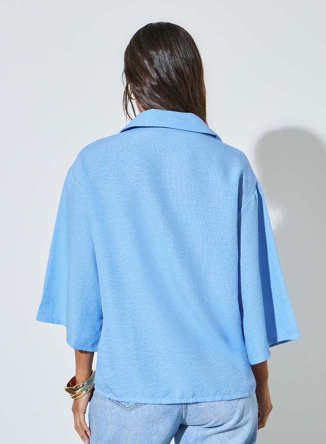 Styli Blue Solid 3/4 Sleeve Oversized Shirt - Image 4