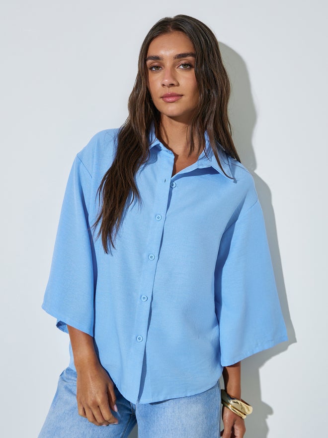 Styli Blue Solid 3/4 Sleeve Oversized Shirt - Image 3