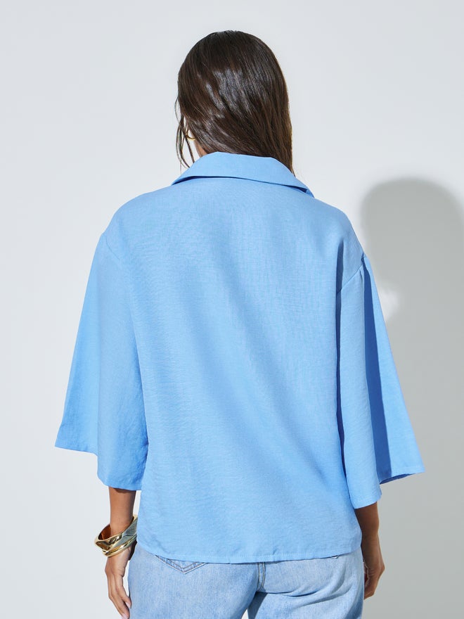Styli Blue Solid 3/4 Sleeve Oversized Shirt - Image 5