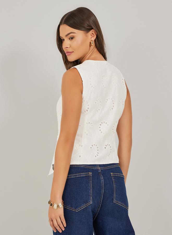 Styli Schiffli V-Neck Sleeveless Wrap Waistcoat  - Image 4