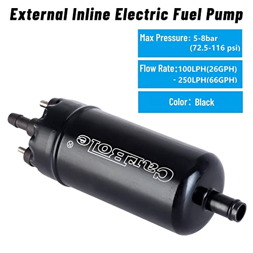 CarBole External In Line Fuel Pump: 116 PSI High Pressure Unversal 12V Electric Pump Injection Systems Replacement for 0580464070 With Mounting Bracket Clamp (Black) - Image 4