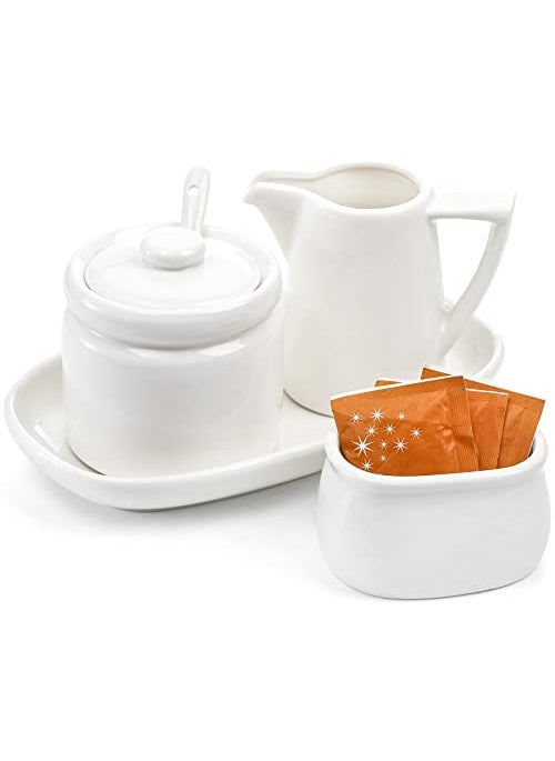 ZENFUN ZENFUN Set of 4 Porcelain Creamer and Sugar Set with Saucer Sugar Bowl with Lid and Spoon Cream Pitcher Sweetener Holder Coffee Serving Set for Kitchen Home Cafe Party Restaurant White 