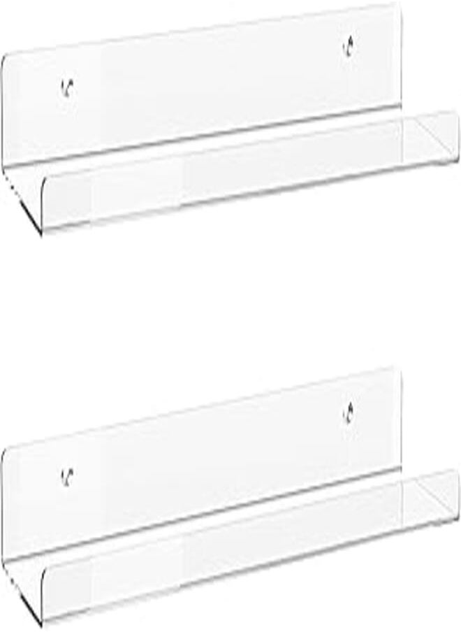 ddLUCK Acrylic Floating Shelves, 2 Pack of 15 inches Invisible Acrylic Floating Wall Ledge Shelf, Wall Mounted Nursery Kids Bookshelf, Spice Rack, Bathroom Storage Shelves for Cosmetics, Photos, Books, Spice 