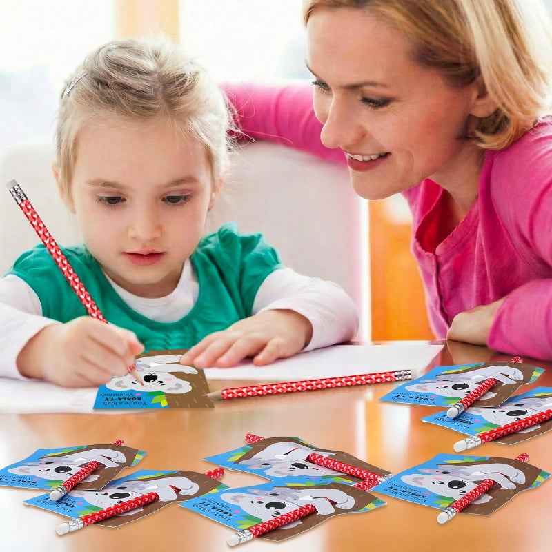 Dunzoom 36 Sets Koala Valentine's Day Cards Exchange Gifts for Kids Heart Pencils with Eraser Punny Koala Valentines Day Cards with Pencils for School Prize Classroom Gifts Party Favors - Image 4