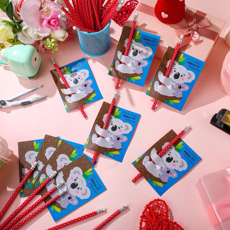 Dunzoom 36 Sets Koala Valentine's Day Cards Exchange Gifts for Kids Heart Pencils with Eraser Punny Koala Valentines Day Cards with Pencils for School Prize Classroom Gifts Party Favors - Image 3
