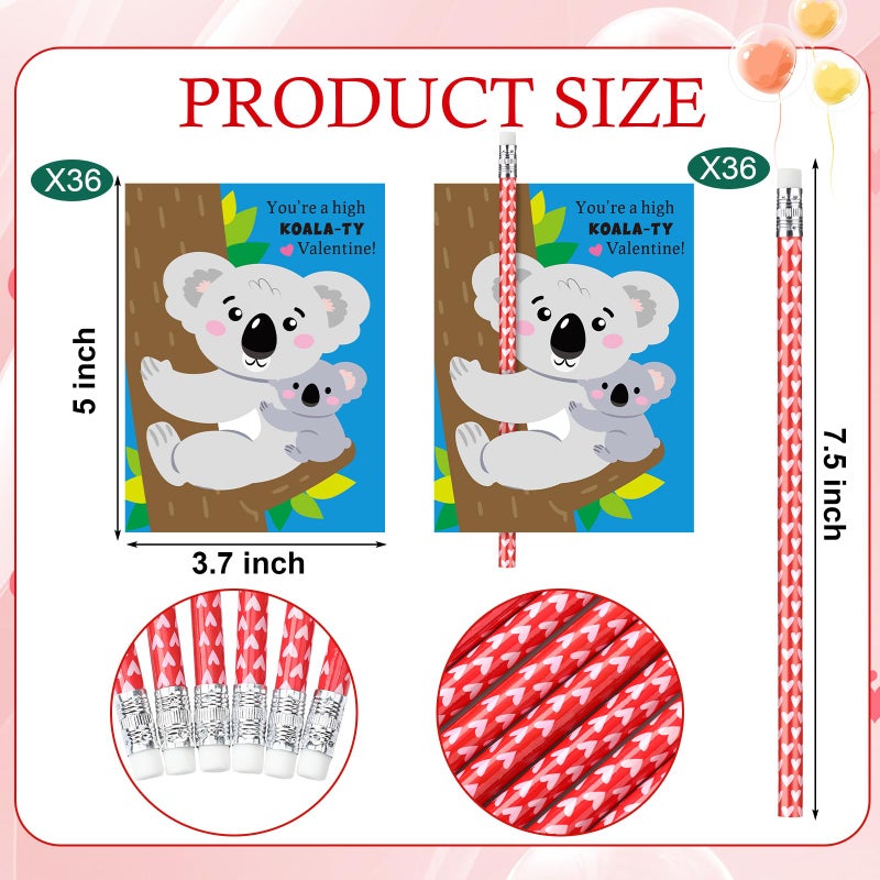 Dunzoom 36 Sets Koala Valentine's Day Cards Exchange Gifts for Kids Heart Pencils with Eraser Punny Koala Valentines Day Cards with Pencils for School Prize Classroom Gifts Party Favors - Image 2