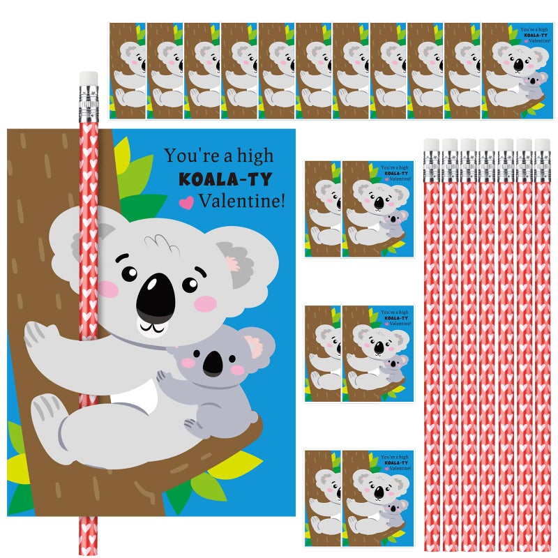 Dunzoom 36 Sets Koala Valentine's Day Cards Exchange Gifts for Kids Heart Pencils with Eraser Punny Koala Valentines Day Cards with Pencils for School Prize Classroom Gifts Party Favors - Image 1