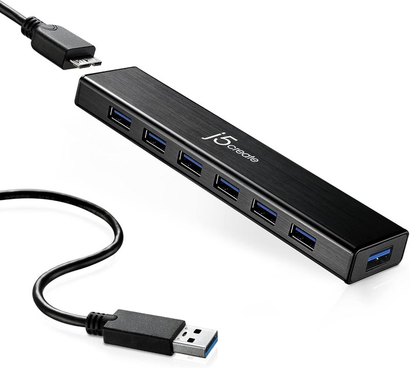 J5 Create 7-Port Powered USB 3.0 Data Hub with 3.3 ft Extended Cable [20W Power Adapter Included] for Mac, MacBook, Windows, Laptop, Surface, XPS, PC (JUH377) - Image 1