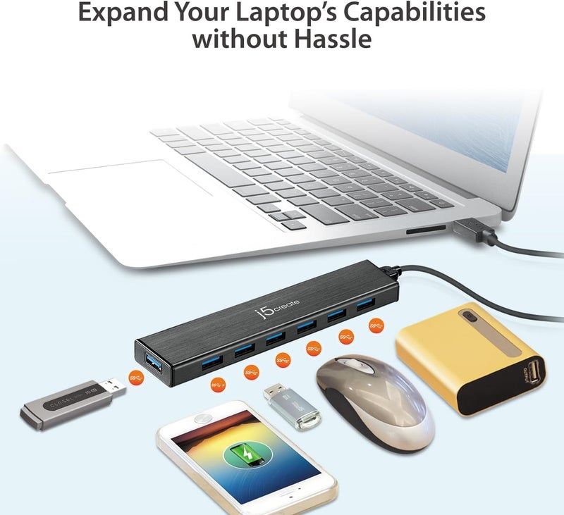 J5 Create 7-Port Powered USB 3.0 Data Hub with 3.3 ft Extended Cable [20W Power Adapter Included] for Mac, MacBook, Windows, Laptop, Surface, XPS, PC (JUH377) - Image 2