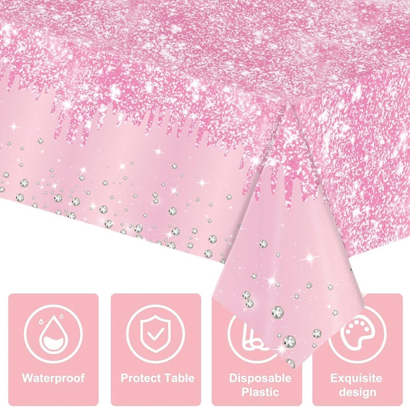 Mienocol 2pcs Pastel Pink Table Cloth Party Disposable Tablecloths,137 x274cm Shiny Glitter Diamond Pink Party Rectangular Dining Table Cover Baby Pink Tablecloths for Baby Shower,Wedding,Birthday Party Décor - Image 3