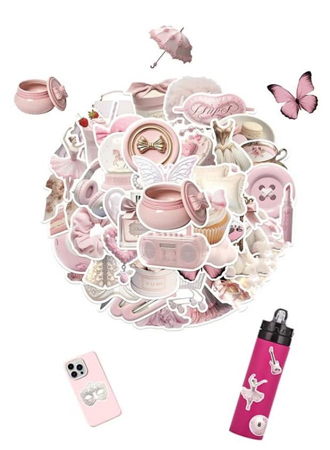 50Pcs Girls Gentle Ballet Pink Sticker, Pink Aesthetic Graffiti Sticker for Kids Teens, Cute Pink Laptops Decals for Water Bottles Journal Bag Phone - Image 1