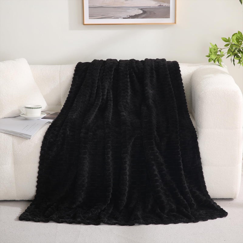 Puncuntex Black Throw Blanket 50"Ã—60" inches Fuzzy 3D Jacquard Decorative Flannel Fleece Super Soft Plush Cozy Blanket for Couch Sofa Chair Lightweight - Image 2