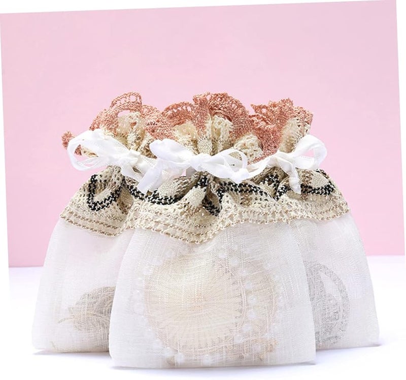 Handmade Beige Gauze Jewelry Drawstring Bags with Wavy Lace Edge Luxury Gift Pouches - Image 5