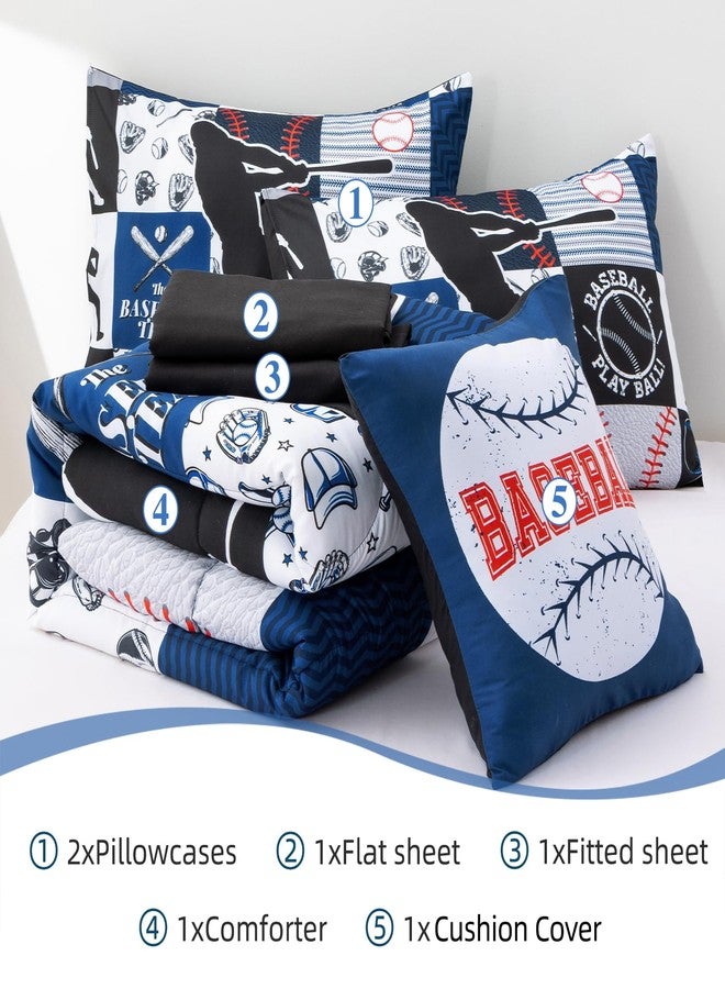 A Nice Night Sports Geometric Grid Black Patchwork Baseball Printed for Boys Full 6Pcs Bed in A Bag Comforter Bedding Set,Blue - Image 5