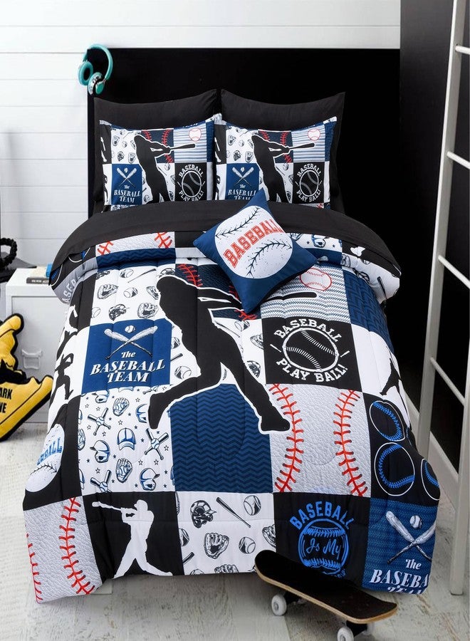A Nice Night Sports Geometric Grid Black Patchwork Baseball Printed for Boys Full 6Pcs Bed in A Bag Comforter Bedding Set,Blue - Image 1