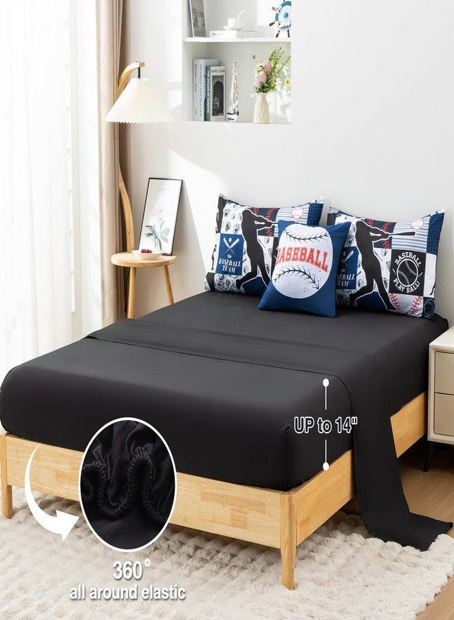 A Nice Night Sports Geometric Grid Black Patchwork Baseball Printed for Boys Full 6Pcs Bed in A Bag Comforter Bedding Set,Blue - Image 4