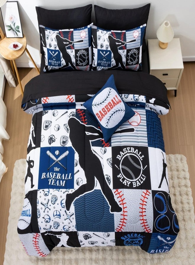 A Nice Night Sports Geometric Grid Black Patchwork Baseball Printed for Boys Full 6Pcs Bed in A Bag Comforter Bedding Set,Blue - Image 2