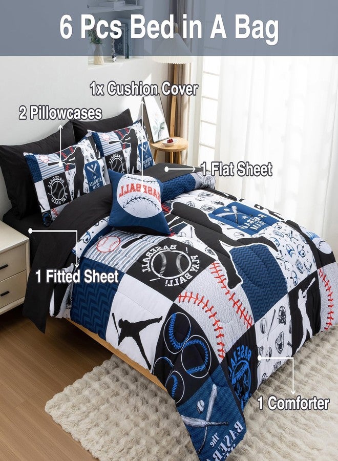 A Nice Night Sports Geometric Grid Black Patchwork Baseball Printed for Boys Full 6Pcs Bed in A Bag Comforter Bedding Set,Blue - Image 3