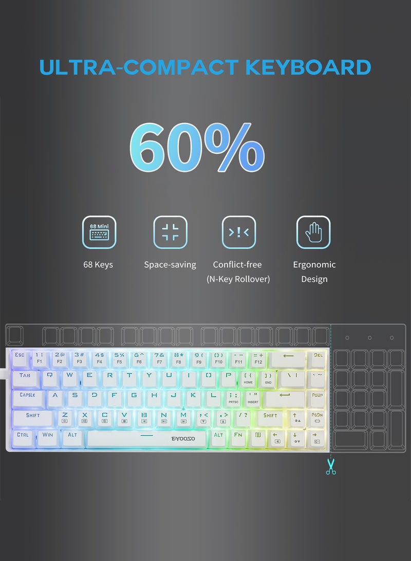 إي-يوسو لوحة مفاتيح ألعاب ميكانيكية 65% بحجم صغير 68 مفتاح بإضاءة خلفية RGB قابلة للتخصيص مفاتيح زرقاء سلكية متوافقة مع Windows وMac وPC وLaptop مثالية للاستخدام المكتبي واليومي لون أبيض - Image 3