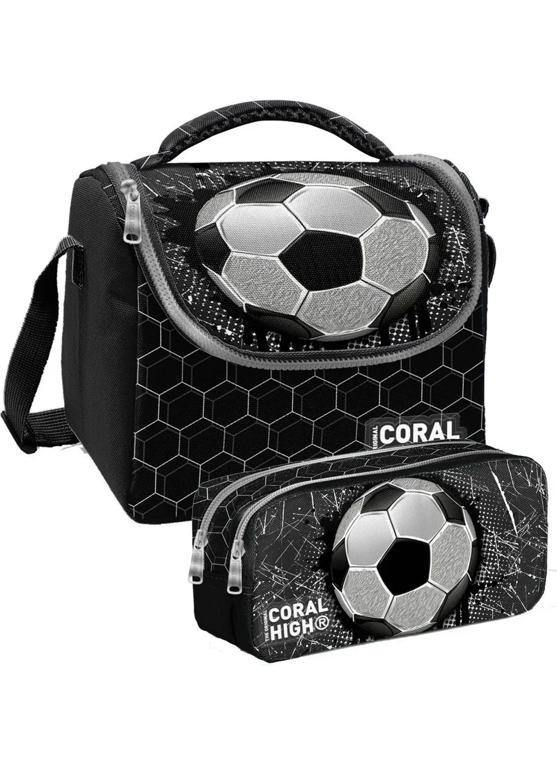 CORAL HIGH Black Football Patterned Boy Thermal Insulated Lunch Bag and Pencil Case Set
