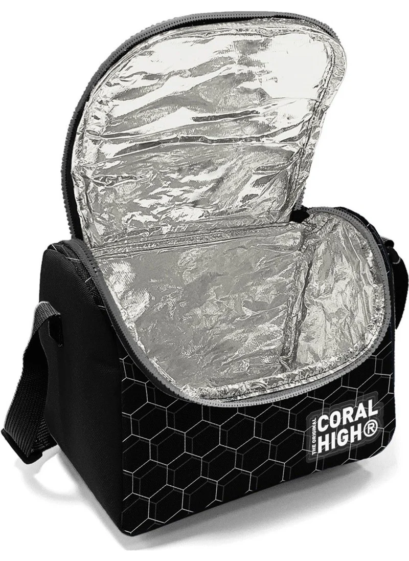 CORAL HIGH Black Football Patterned Boy Thermal Insulated Lunch Bag and Pencil Case Set