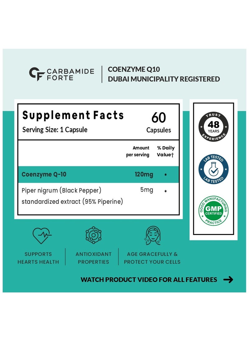 CARBAMIDE FORTE Coenzyme Q10, CoQ10 120mg With Piperine 5mg – 60 Capsules  - Image 2