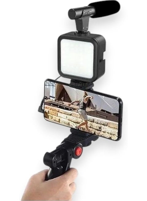 Mobile Phone Stabilizer for Video Shooting, Tripod Stand for iPhone, Android, Mini LED Ring Light+ Microphone+ Phone Clip for Live Streaming, Video Calling, Vlogging, YouTube, Instagram