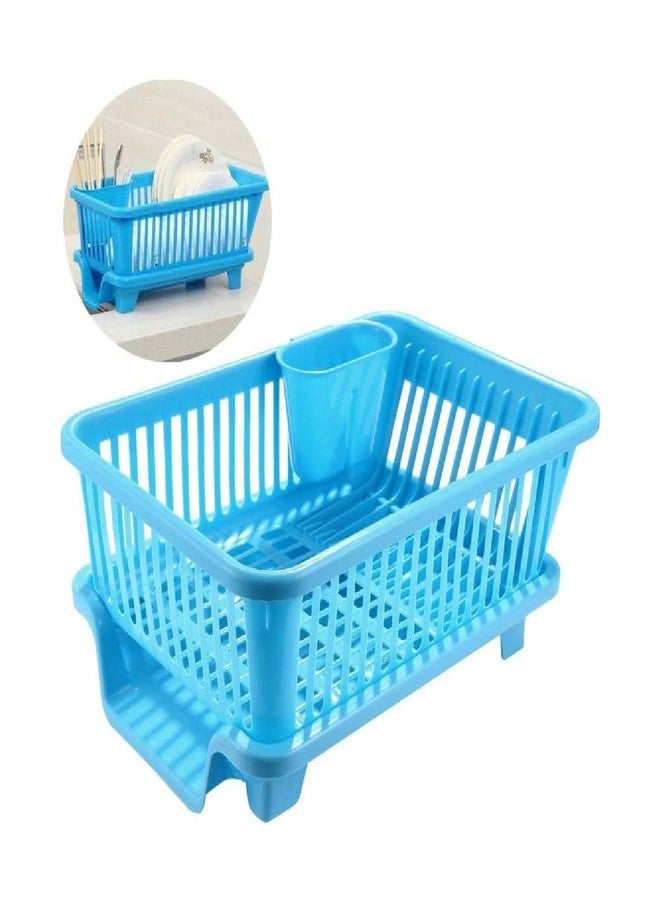DIKSUL 3 in 1 Kitchen Sink Dish Drainer Drying Rack Utensils Washing Holder Basket Organizer with Tray and Utensil Cutlery Holder Cup Large Durable Plastic Kitchen Sink Dish Rack (Blue) - Image 1