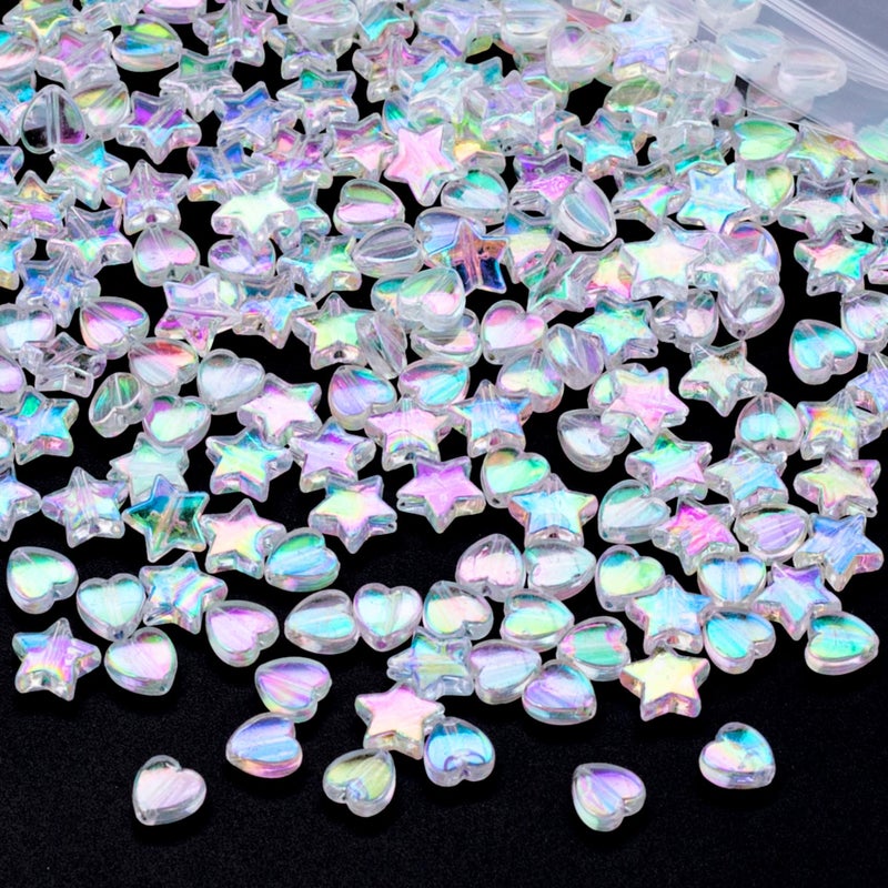 OIIKI 200 Pcs Acrylic Star  Heart Shape Beads Clear Color AB for DIY Jewelry Craft Making Necklace Bracelet Supplies