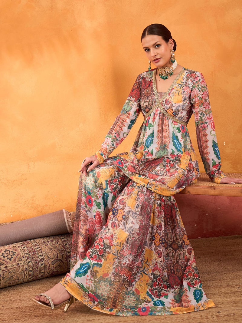 Shae by SASSAFRAS White Multi Floral Peplum Top With Sharara Pants - Image 3