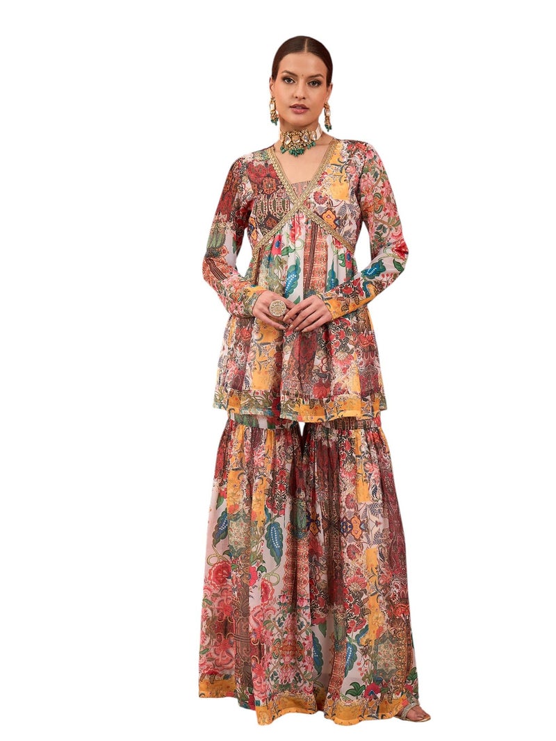 Shae by SASSAFRAS White Multi Floral Peplum Top With Sharara Pants - Image 1