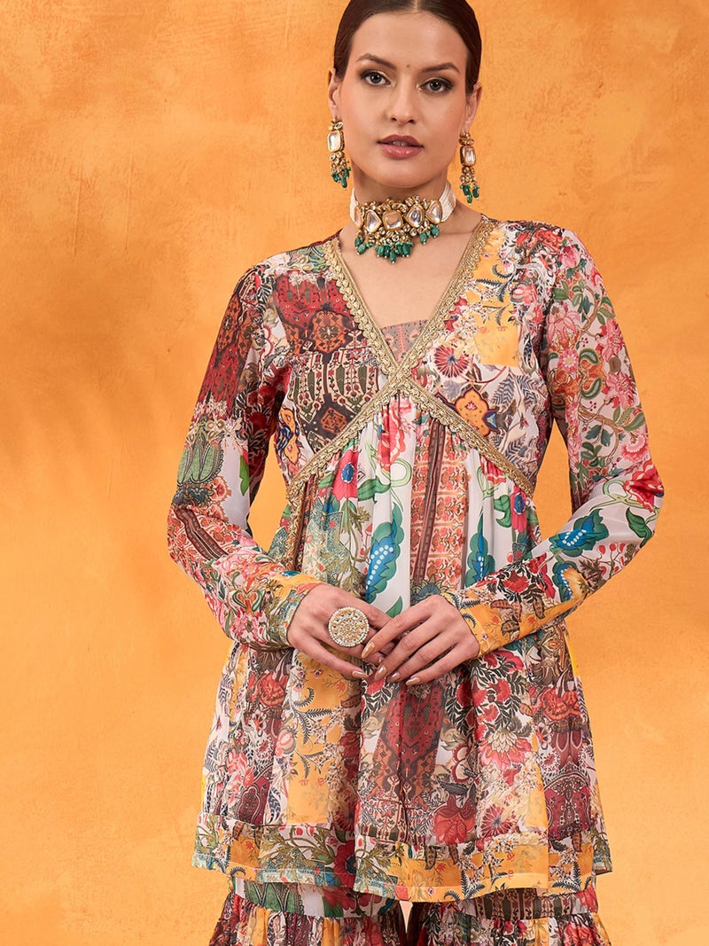 Shae by SASSAFRAS White Multi Floral Peplum Top With Sharara Pants - Image 5