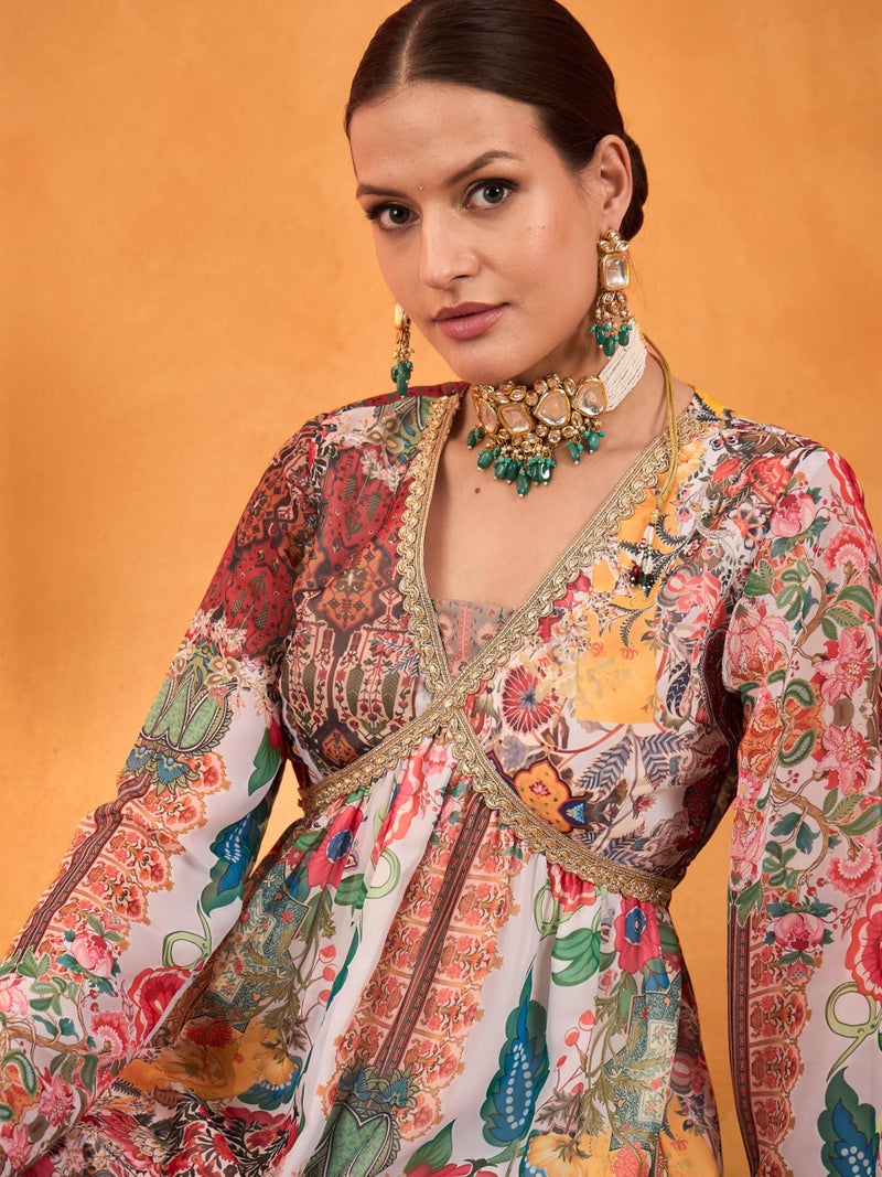 Shae by SASSAFRAS White Multi Floral Peplum Top With Sharara Pants - Image 4