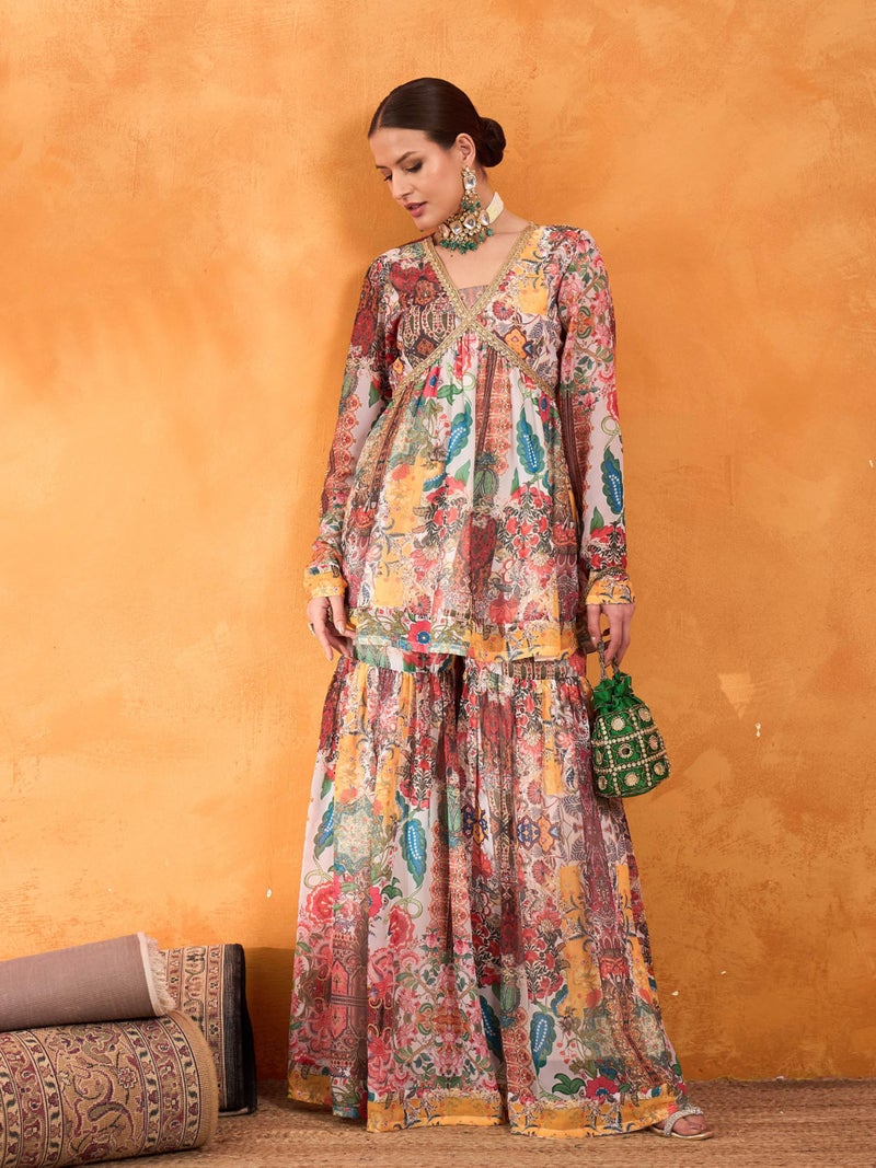 Shae by SASSAFRAS White Multi Floral Peplum Top With Sharara Pants - Image 2