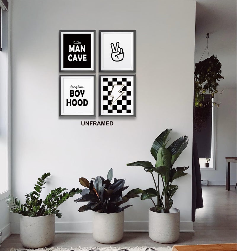 AEHIE Little Man Cave Retro Preppy Checkered Lightning Peace Sign Long Live Boyhood Poster Prints for Boy Teen Room Dorm Decor  Preppy Black White Decorations Prints Wall Art Unframed 4pcs 8x10inches - Image 3