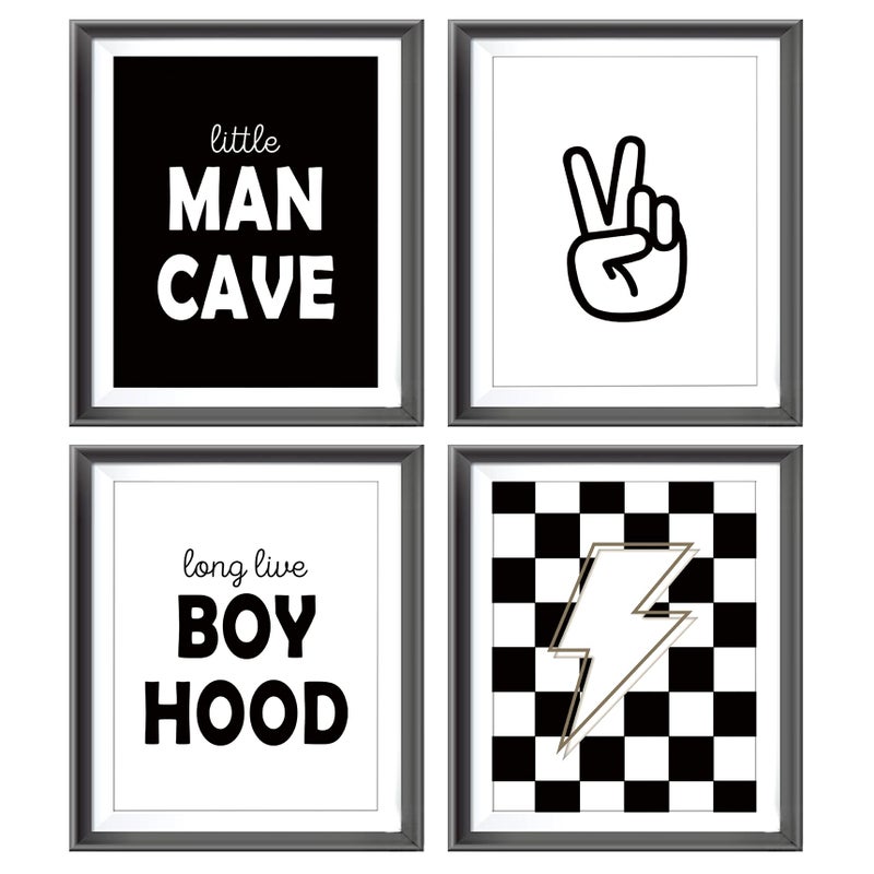 AEHIE Little Man Cave Retro Preppy Checkered Lightning Peace Sign Long Live Boyhood Poster Prints for Boy Teen Room Dorm Decor  Preppy Black White Decorations Prints Wall Art Unframed 4pcs 8x10inches - Image 1