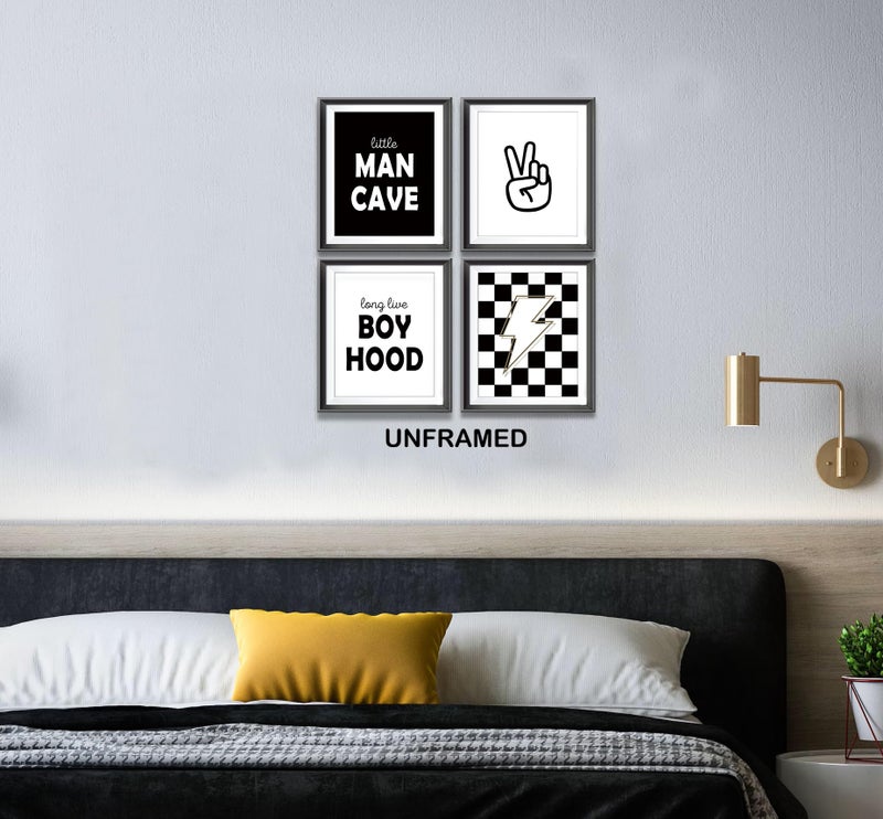 AEHIE Little Man Cave Retro Preppy Checkered Lightning Peace Sign Long Live Boyhood Poster Prints for Boy Teen Room Dorm Decor  Preppy Black White Decorations Prints Wall Art Unframed 4pcs 8x10inches - Image 4