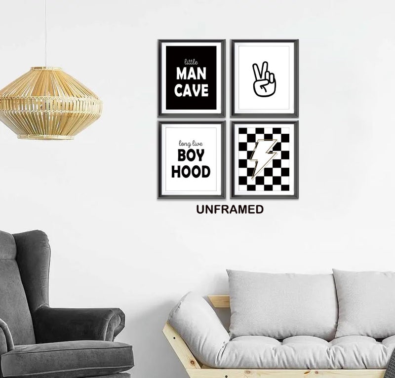 AEHIE Little Man Cave Retro Preppy Checkered Lightning Peace Sign Long Live Boyhood Poster Prints for Boy Teen Room Dorm Decor  Preppy Black White Decorations Prints Wall Art Unframed 4pcs 8x10inches - Image 2