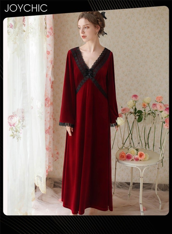Joychic French Style Autumn and Winter Gold Velvet Fairy Sleepwear Thick Warm Pajamas Loose Bell Sleeves Nightgown for Women Wine Red - Image 1