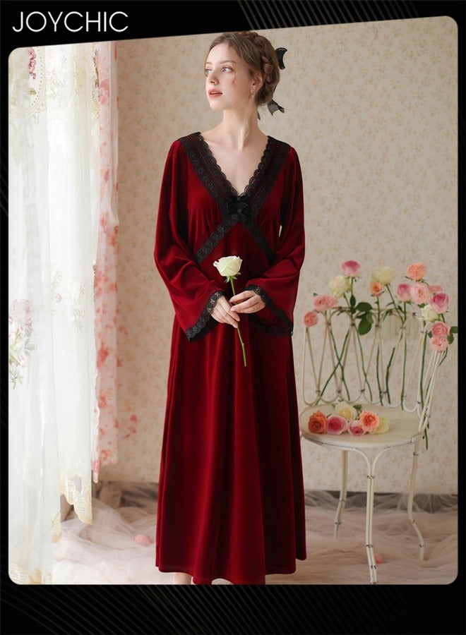 Joychic French Style Autumn and Winter Gold Velvet Fairy Sleepwear Thick Warm Pajamas Loose Bell Sleeves Nightgown for Women Wine Red - Image 2