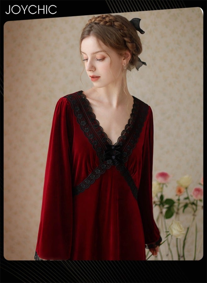 Joychic French Style Autumn and Winter Gold Velvet Fairy Sleepwear Thick Warm Pajamas Loose Bell Sleeves Nightgown for Women Wine Red - Image 3