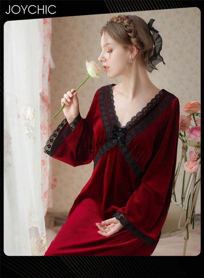 Joychic French Style Autumn and Winter Gold Velvet Fairy Sleepwear Thick Warm Pajamas Loose Bell Sleeves Nightgown for Women Wine Red - Image 4