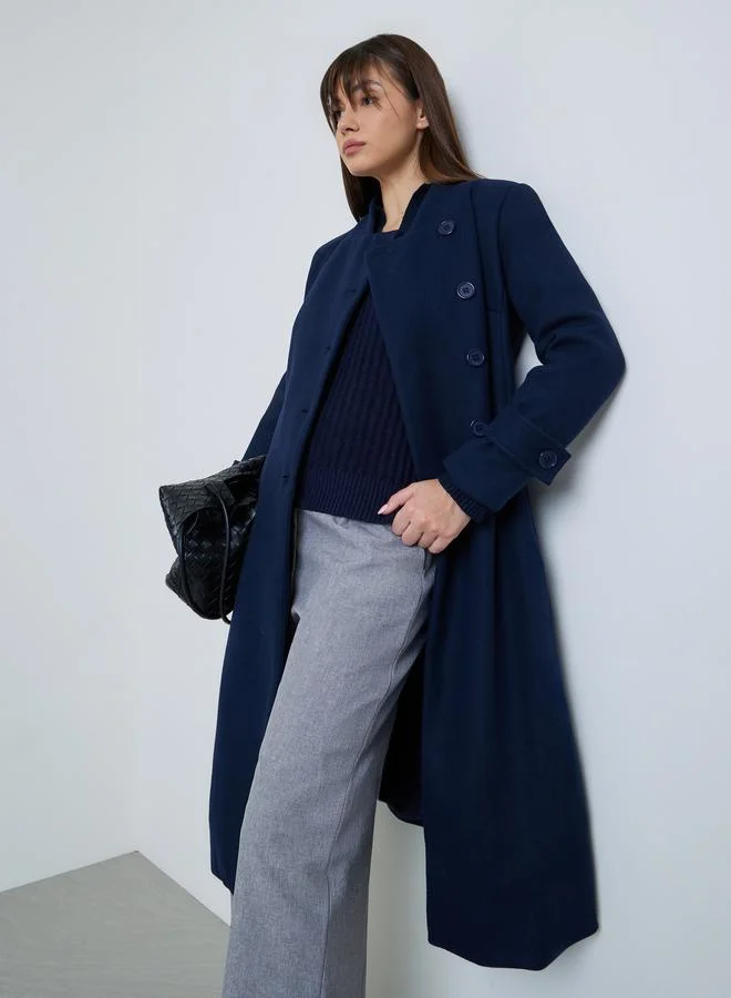 Styli  Navy Blue Slim Fit Wool Like Coat for Women | Best Price UAE