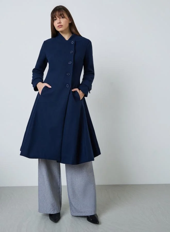 Styli  Navy Blue Slim Fit Wool Like Coat for Women | Best Price UAE