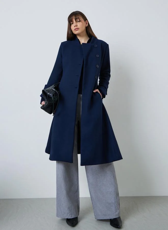 Navy Blue Slim Fit Wool Like Coat